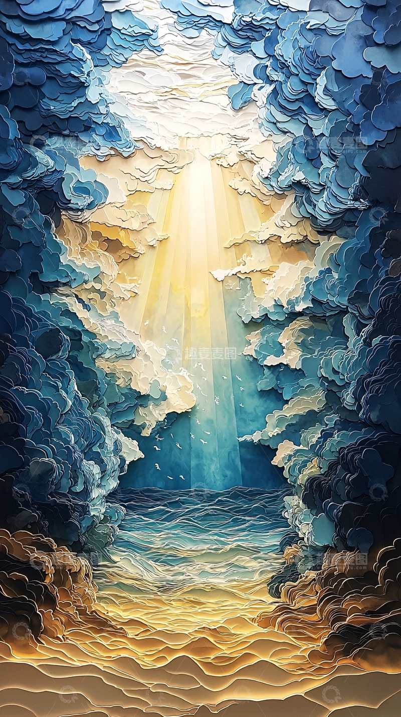 高清大图下载【趣麦麦图】云层光芒穿透海面