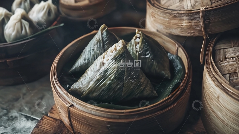 高清大图下载【趣麦麦图】竹筒蒸笼里的粽子