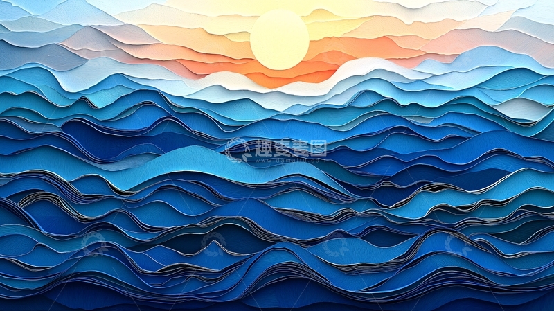 高清大图下载【趣麦麦图】层叠剪纸海洋日出