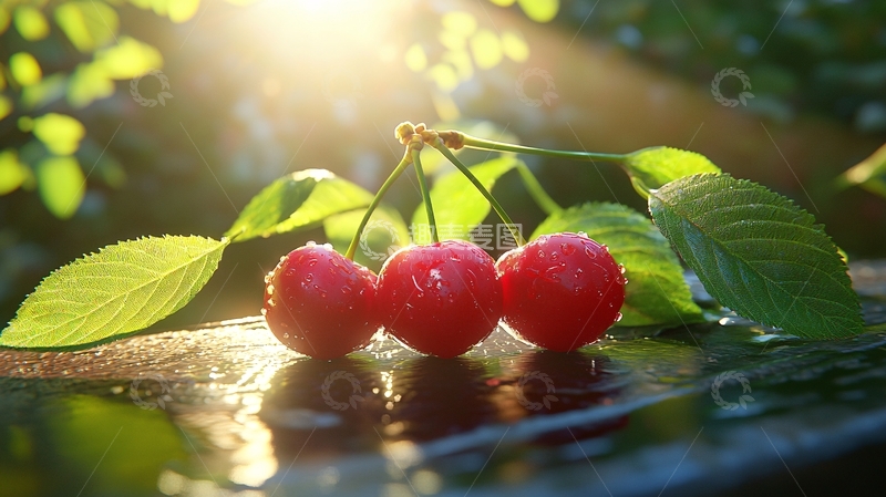 高清大图下载【趣麦麦图】阳光下三颗红樱桃