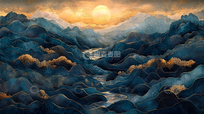 高清大图下载【趣麦麦图】水墨山水日出4