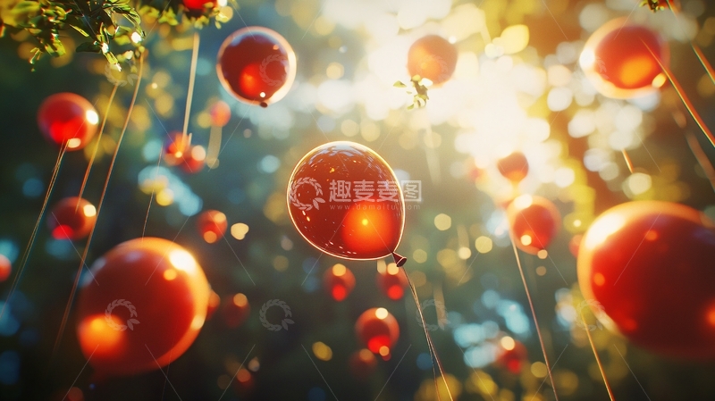 高清大图下载【趣麦麦图】阳光下树林中红色气球