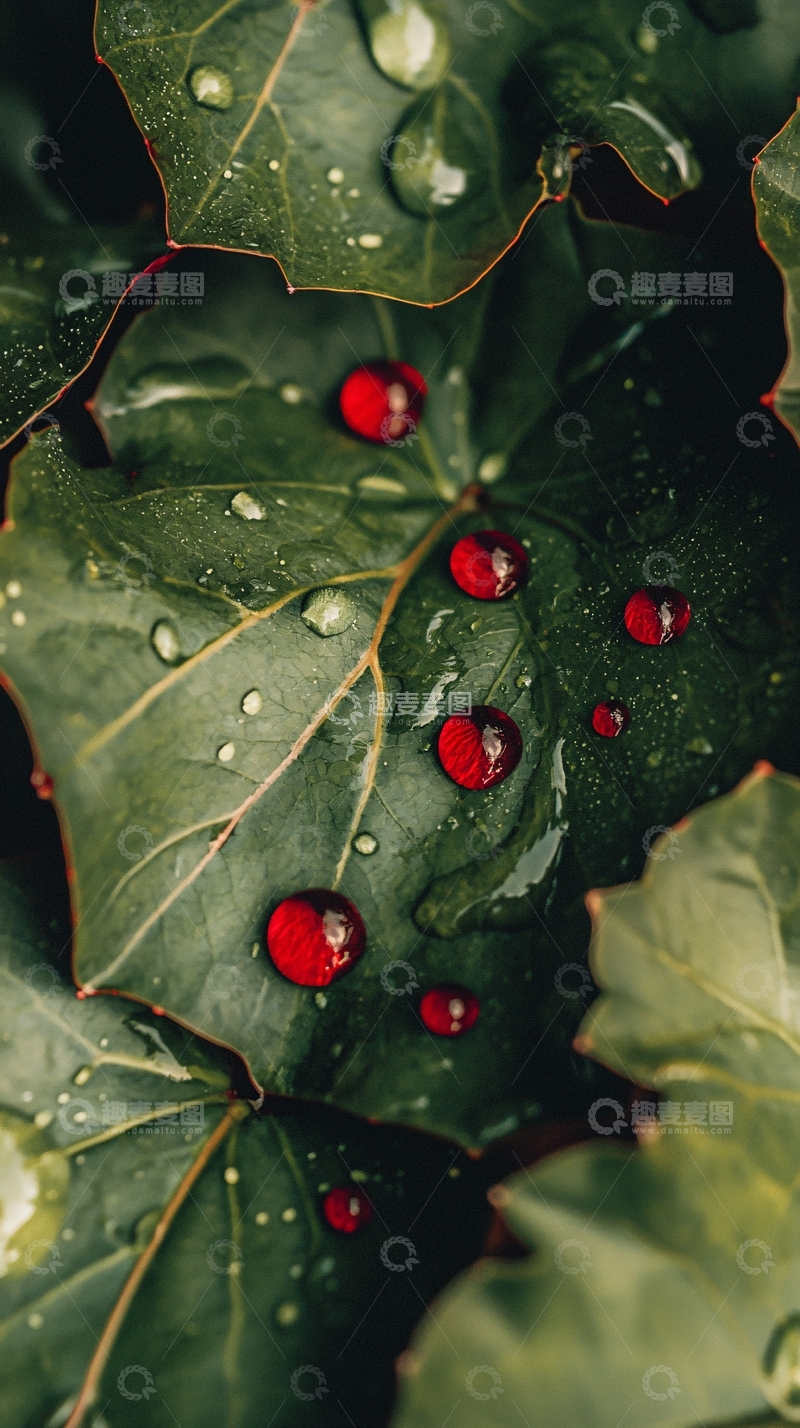 高清大图下载【趣麦麦图】绿叶上晶莹剔透的水珠