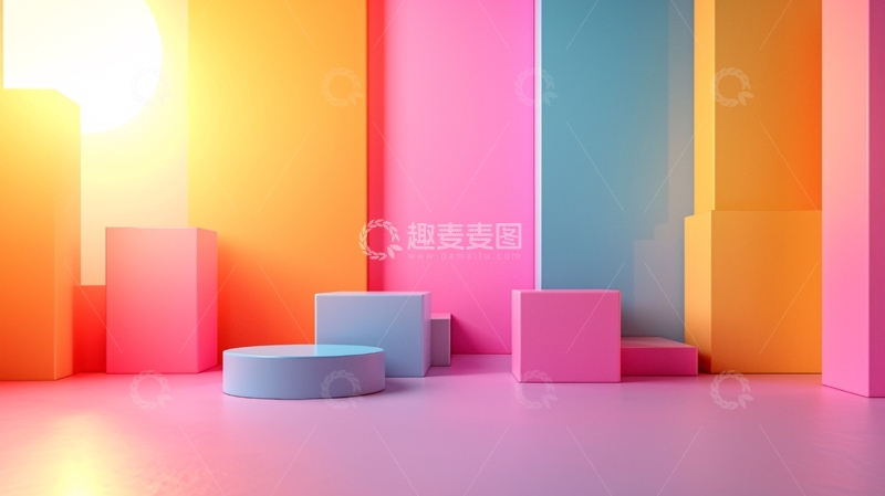 高清大图下载【趣麦麦图】粉色蓝色橙色几何体背景