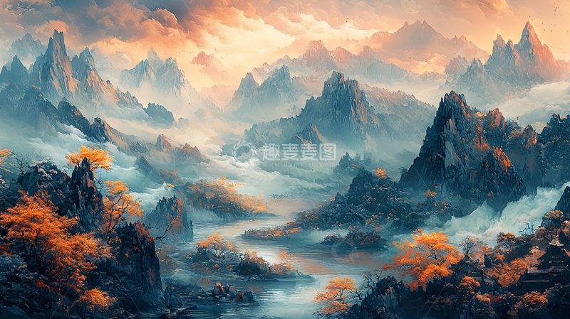 高清大图下载【趣麦麦图】水墨风山峦叠嶂云雾缭绕