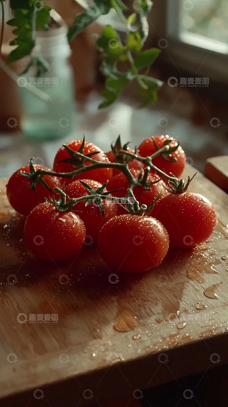 高清大图下载【趣麦麦图】新鲜红番茄木板上水珠