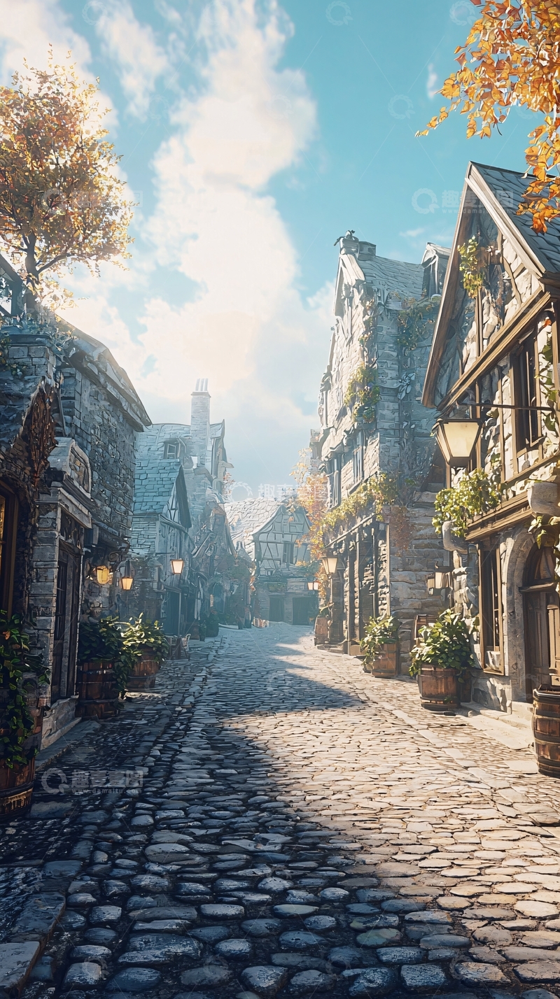 高清大图下载【趣麦麦图】阳光下的中世纪鹅卵石街道