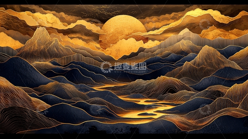 高清大图下载【趣麦麦图】金色山脉日落河流