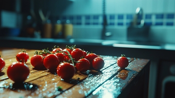 厨房木桌上新鲜番茄