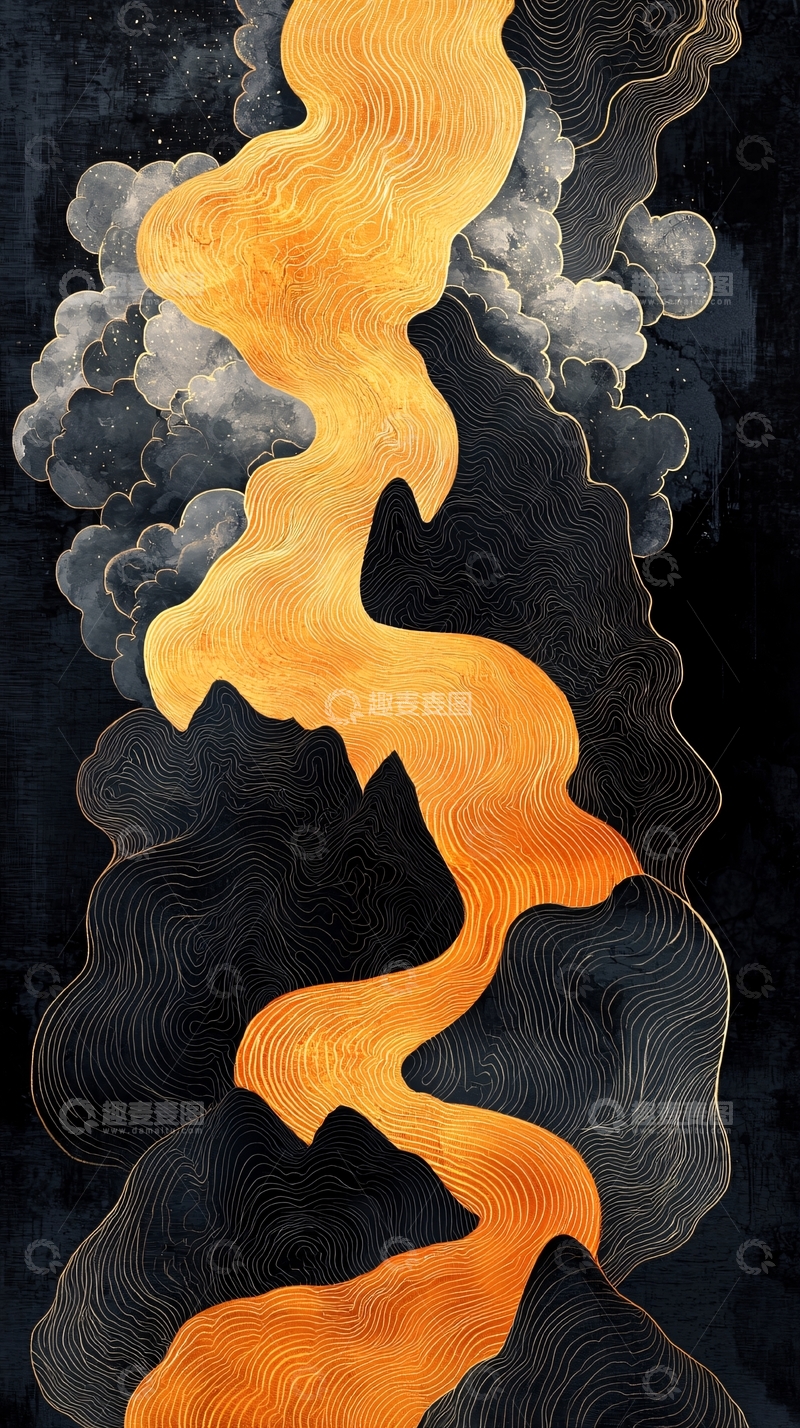 高清大图下载【趣麦麦图】金色河流黑色山脉云雾水墨