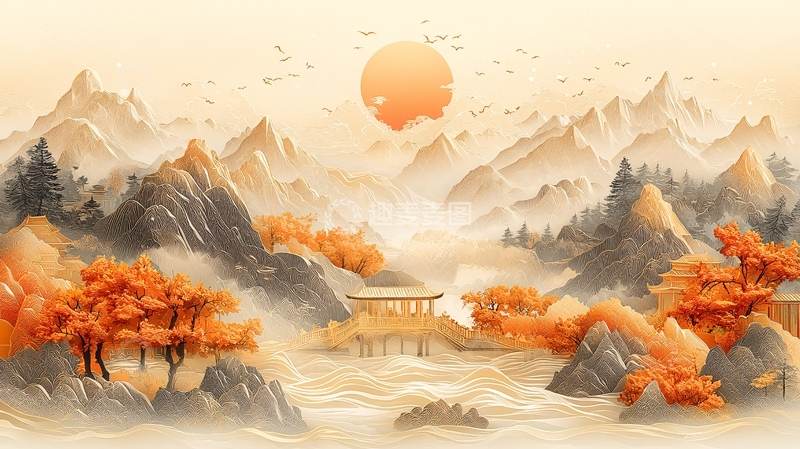 高清大图下载【趣麦麦图】水墨山水金色日出意境