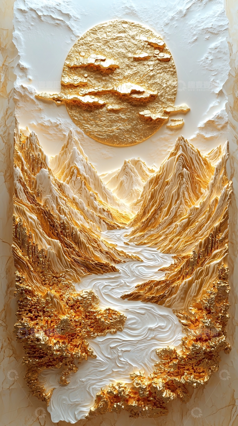 高清大图下载【趣麦麦图】金色山川河流的浮雕艺术
