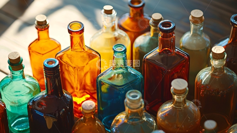 高清大图下载【趣麦麦图】阳光下各式各样的玻璃瓶