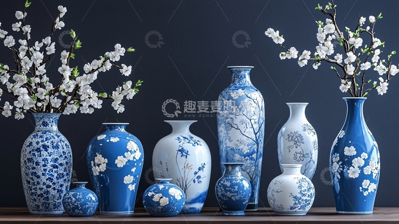 高清大图下载【趣麦麦图】青花瓷瓶花卉摆件