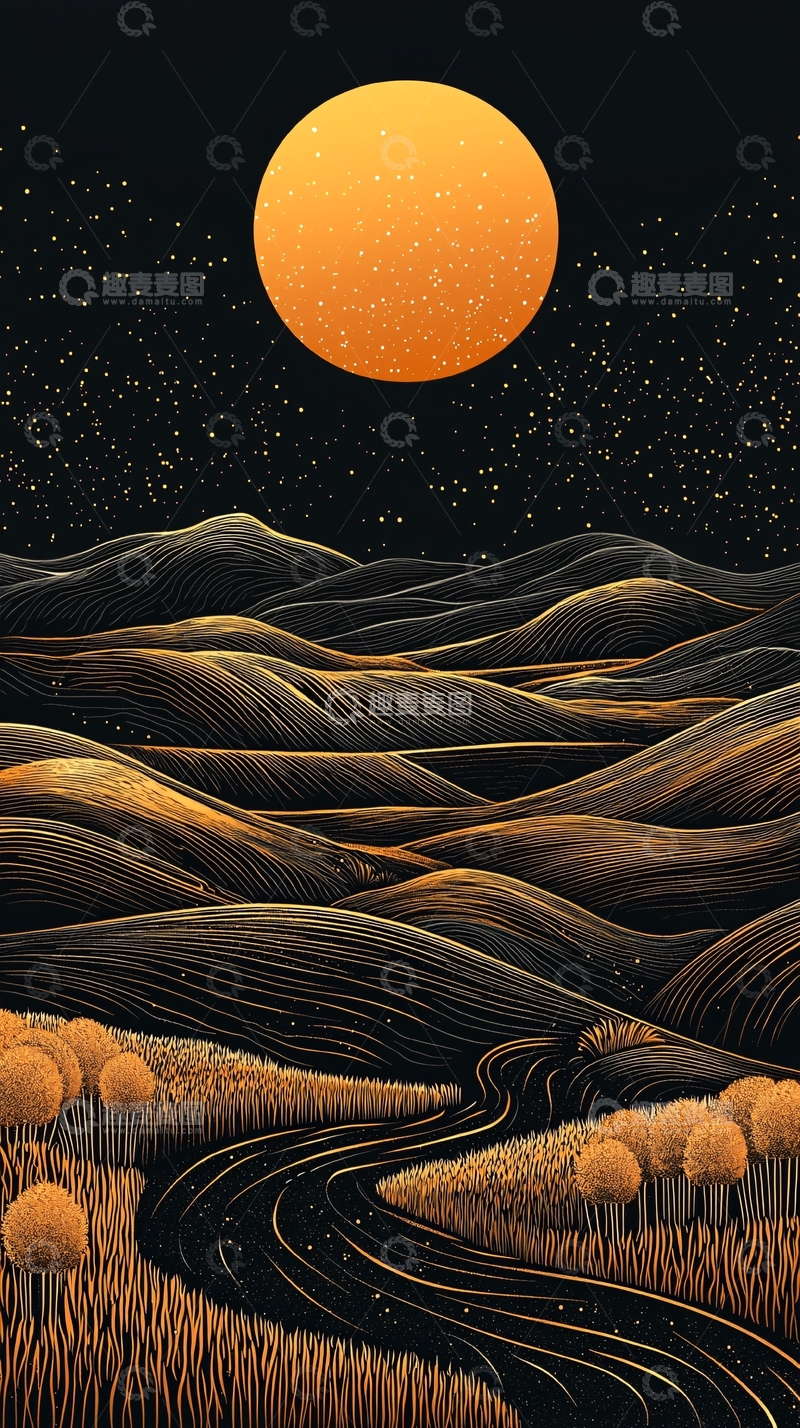 高清大图下载【趣麦麦图】金色圆月下的山路
