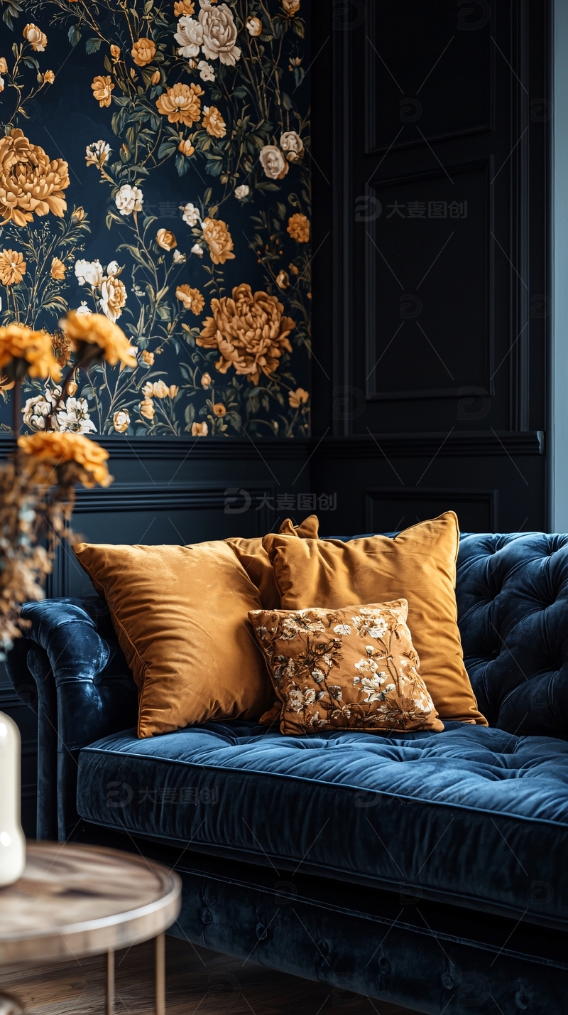高清大图下载【趣麦麦图】暗色系花卉壁纸客厅