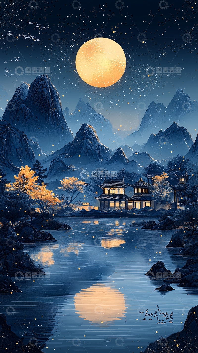 高清大图下载【趣麦麦图】月光下的湖边古建筑