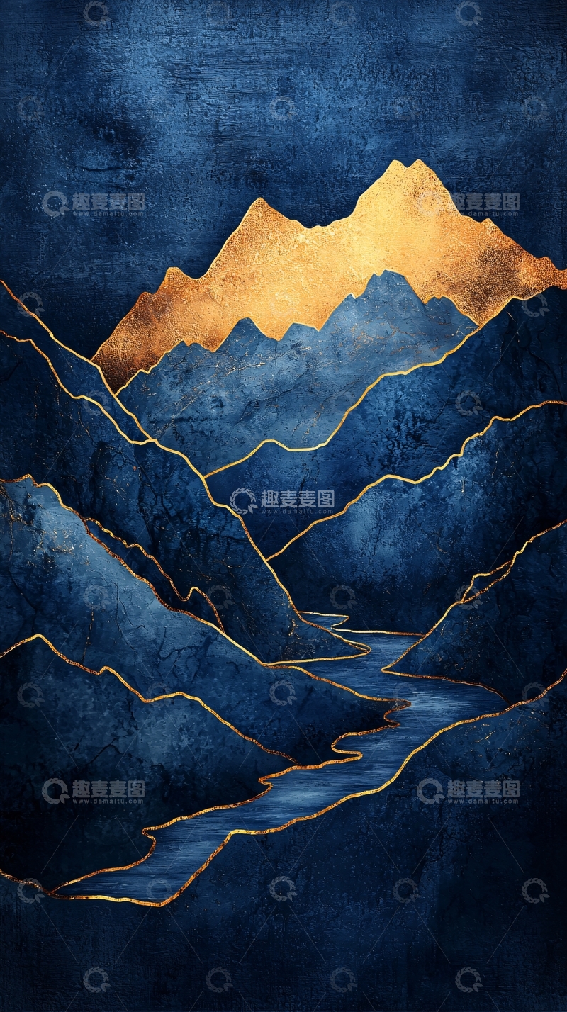 高清大图下载【趣麦麦图】蓝色金色山脉水流抽象画