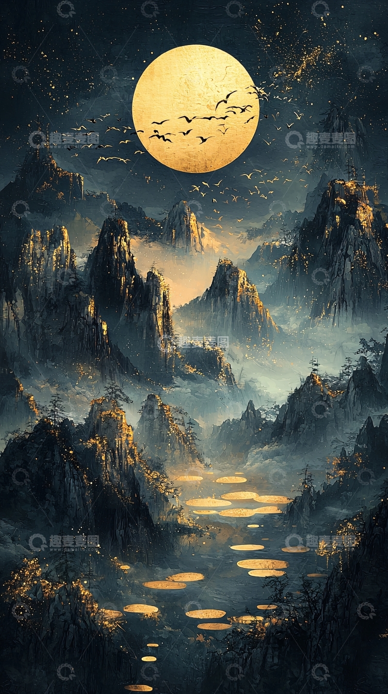 高清大图下载【趣麦麦图】月亮下的山脉和飞鸟