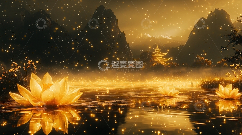 高清大图下载【趣麦麦图】金色莲花湖面山脉的梦幻场景