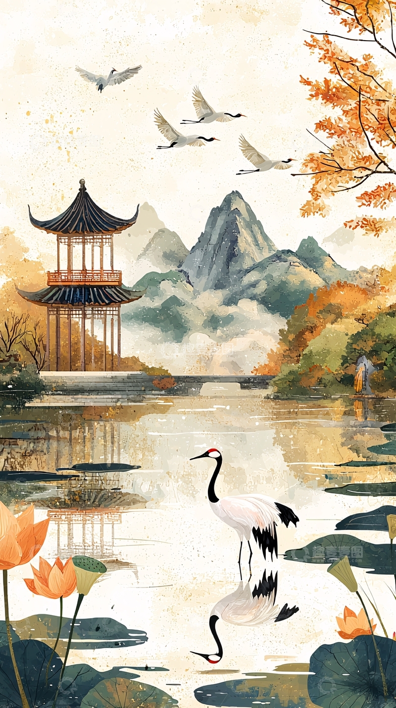 高清大图下载【趣麦麦图】水墨风古建筑湖面飞鹤