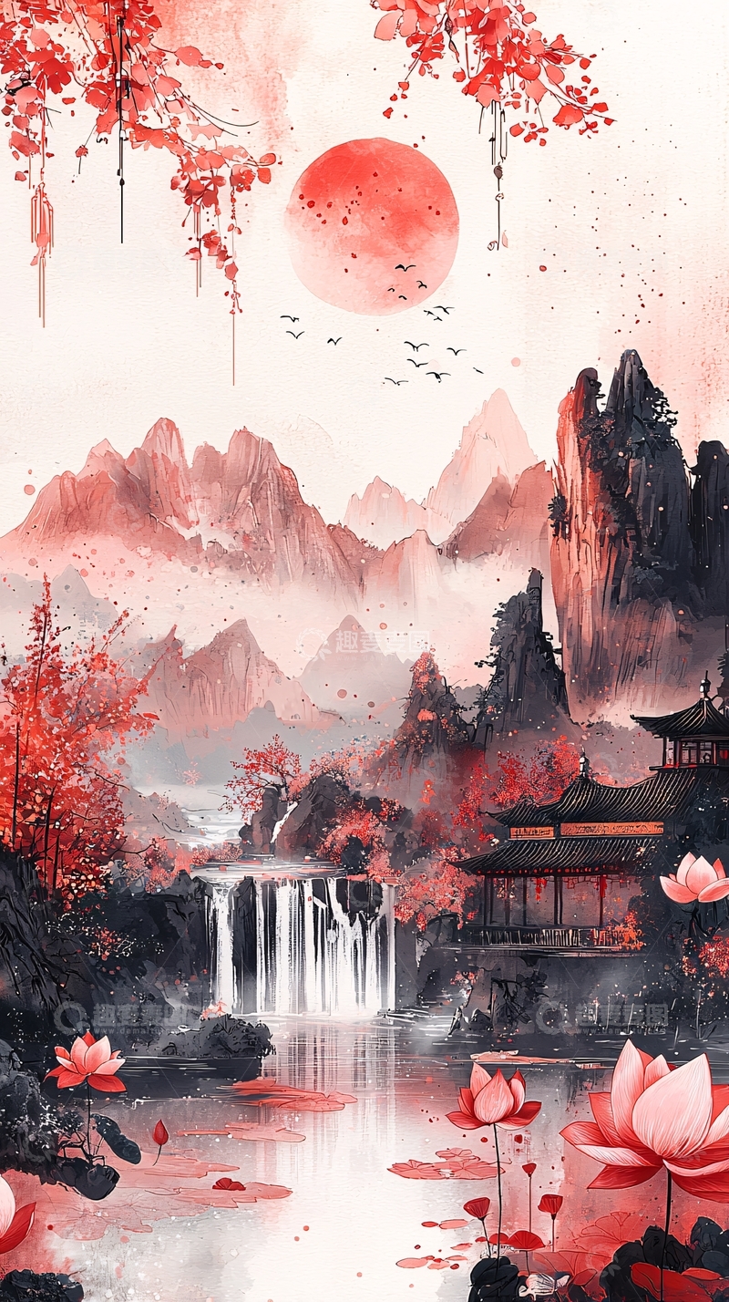 高清大图下载【趣麦麦图】红色水墨山水意境插画
