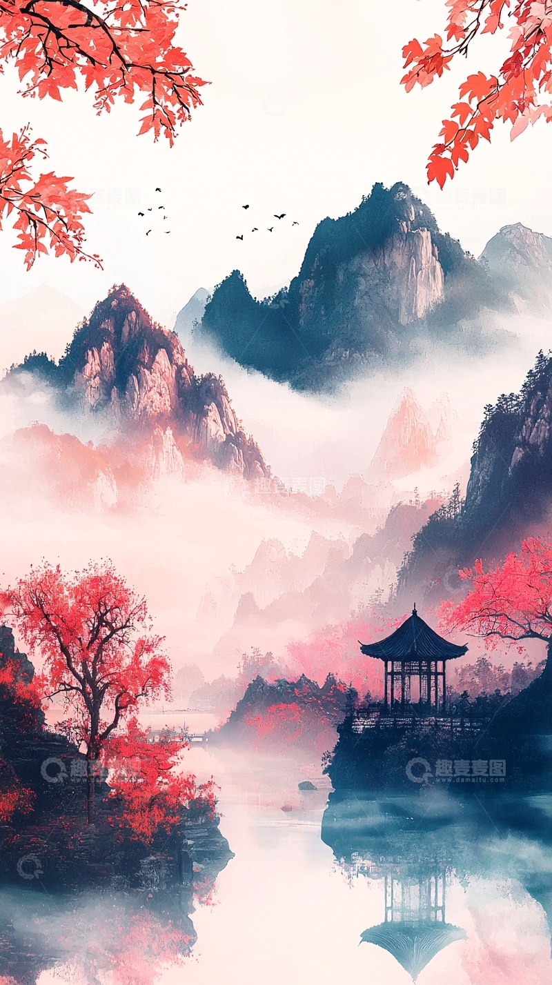 高清大图下载【趣麦麦图】水墨国风山水红叶亭台