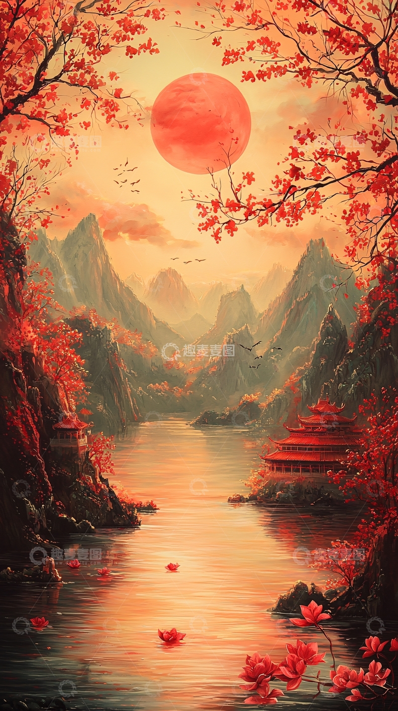 高清大图下载【趣麦麦图】红色山水风景画