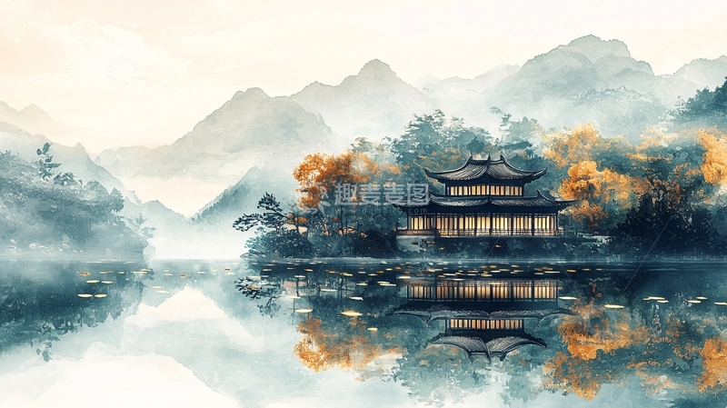 高清大图下载【趣麦麦图】水墨风山水画意境建筑