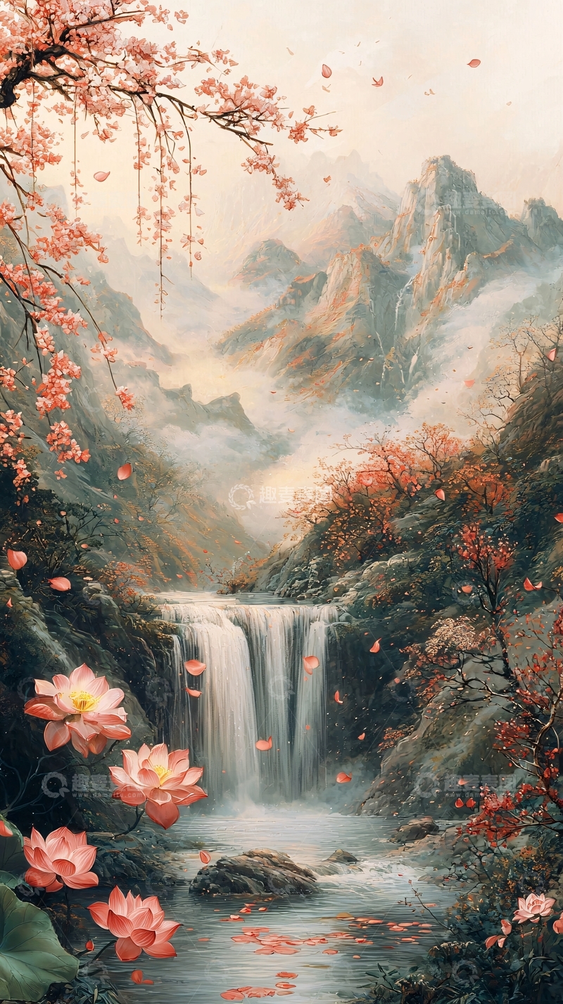 高清大图下载【趣麦麦图】唯美山水桃花瀑布