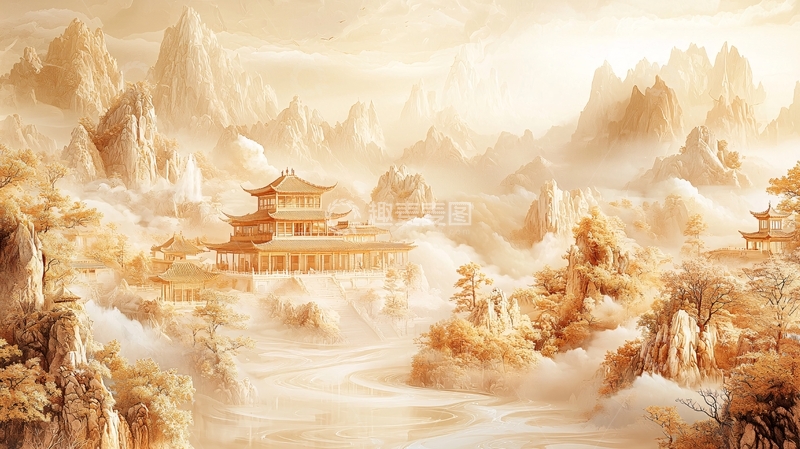高清大图下载【趣麦麦图】金色山水间的中国古建筑