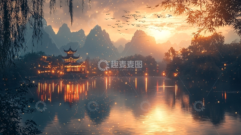 高清大图下载【趣麦麦图】山水间的古建筑夜景