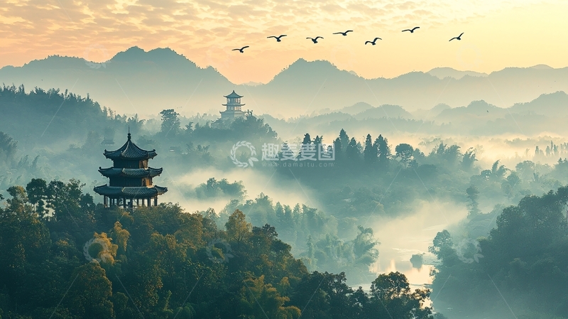 高清大图下载【趣麦麦图】清晨薄雾山峦古塔