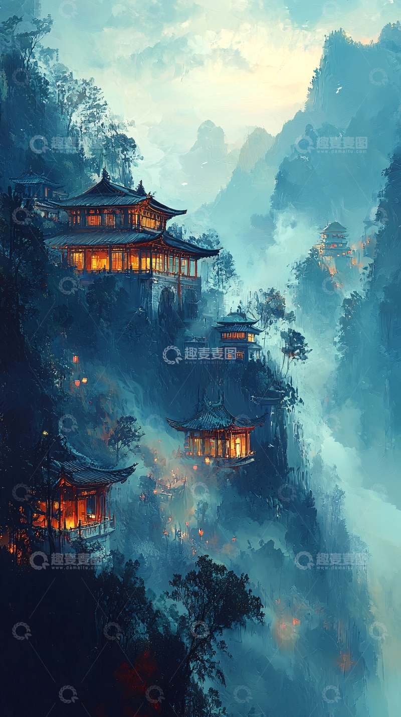 高清大图下载【趣麦麦图】山间云雾缭绕的古建筑