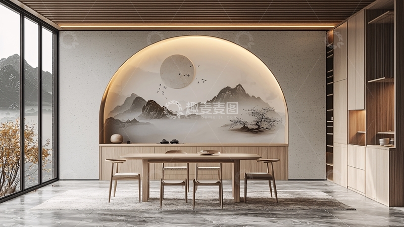高清大图下载【趣麦麦图】水墨山水背景的禅意餐厅
