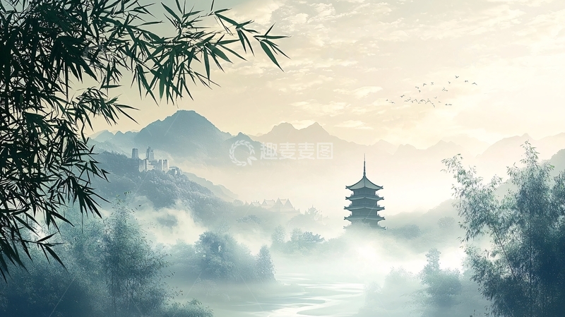 高清大图下载【趣麦麦图】水墨山水塔在云雾缭绕中