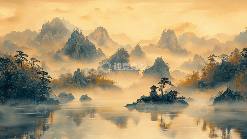 高清大图下载【趣麦麦图】金色雾气笼罩的山水