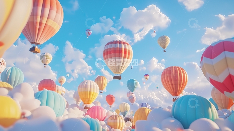 高清大图下载【趣麦麦图】彩色热气球飞翔蓝天白云
