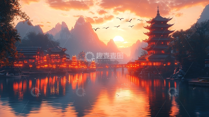 高清大图下载【趣麦麦图】东方建筑群日落时分