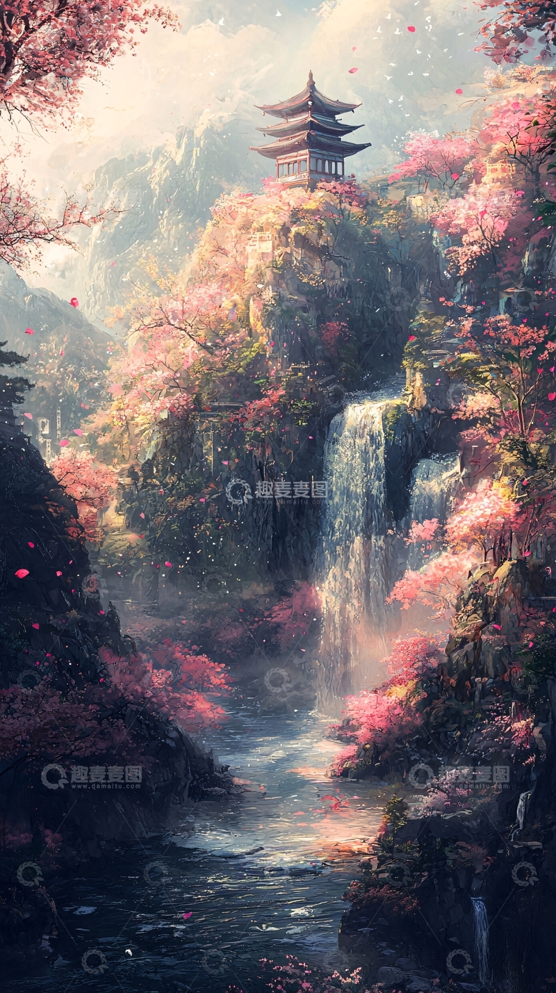 高清大图下载【趣麦麦图】春日山景瀑布古寺