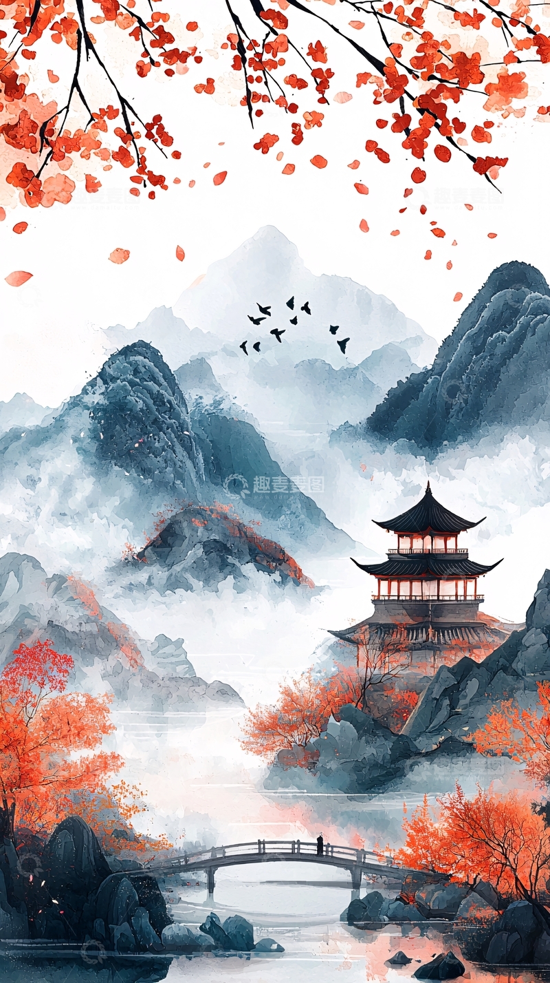 高清大图下载【趣麦麦图】水墨风山水红叶古建筑