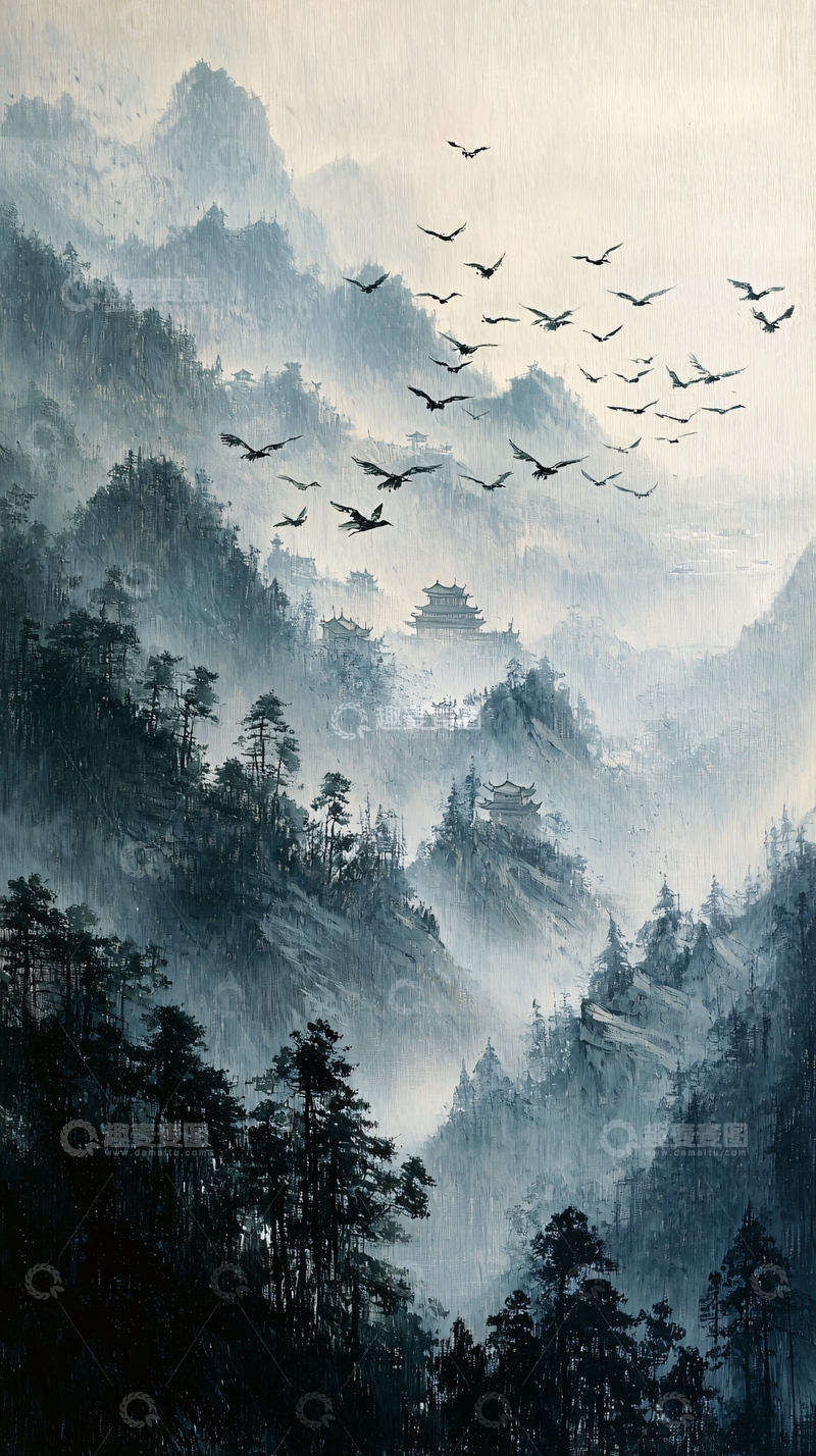 高清大图下载【趣麦麦图】水墨山水飞鸟群