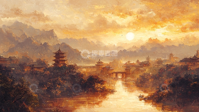 高清大图下载【趣麦麦图】夕阳下的古镇风景