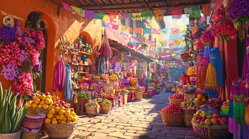 高清大图下载【趣麦麦图】色彩鲜艳的墨西哥集市街景