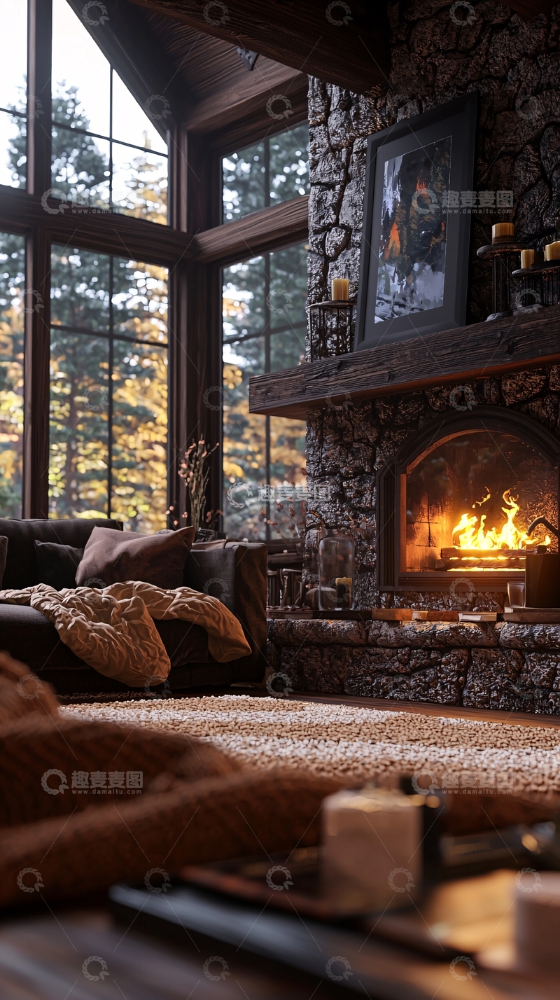 高清大图下载【趣麦麦图】温暖舒适的木屋壁炉