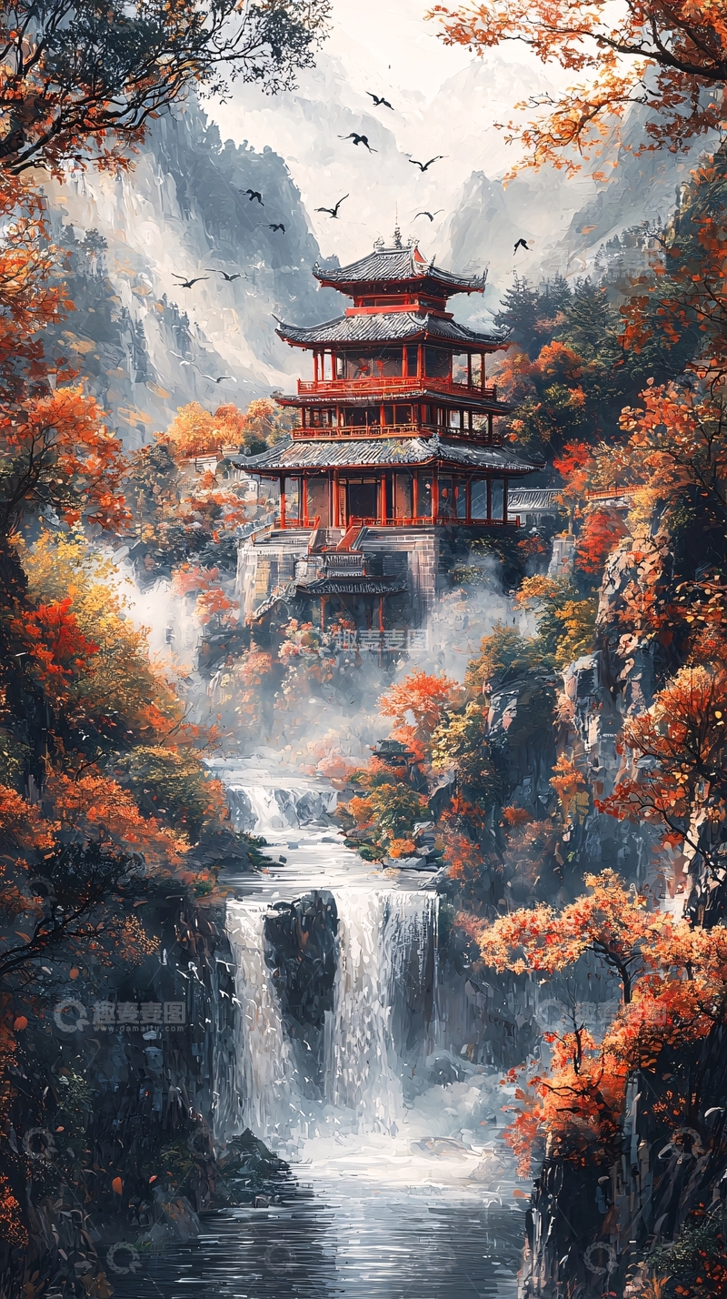 高清大图下载【趣麦麦图】秋日山林古寺飞瀑