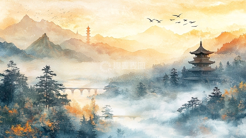 高清大图下载【趣麦麦图】水墨山水间的古建筑群