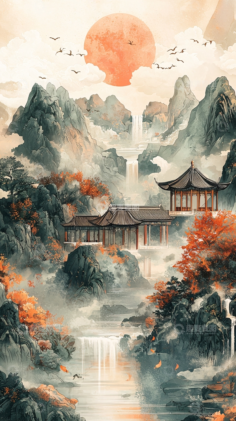 高清大图下载【趣麦麦图】水墨山水亭台楼阁飞鸟落日