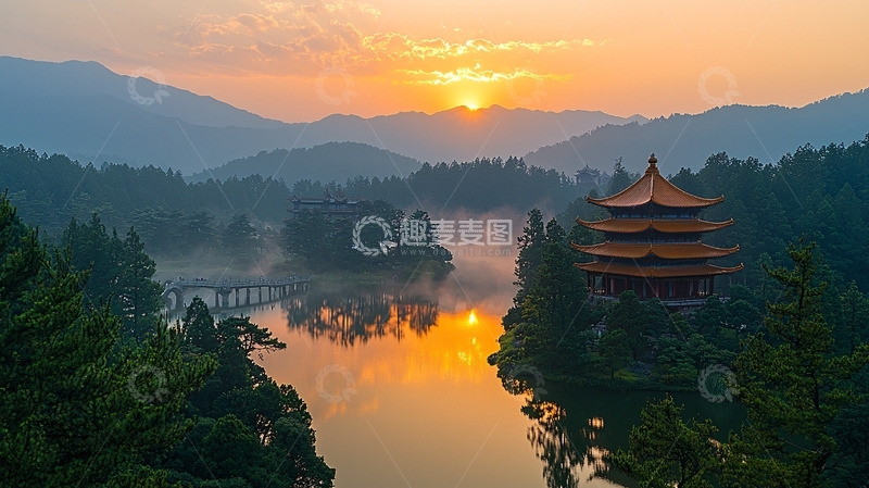 高清大图下载【趣麦麦图】宁静湖面上的日出寺庙