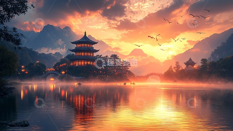 高清大图下载【趣麦麦图】湖畔古建筑日落美景